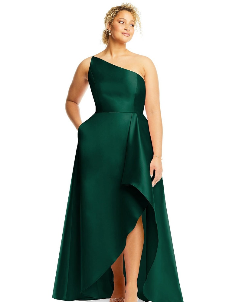 Front of a model wearing a size 24W One-Shoulder Satin Gown with Draped Front Slit and Pockets in Hunter Green by Alfred Sung. | dia_product_style_image_id:267153